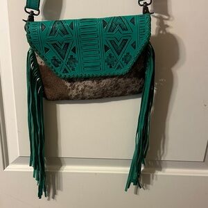 Teal and Brown Fringe Crossbody Bag